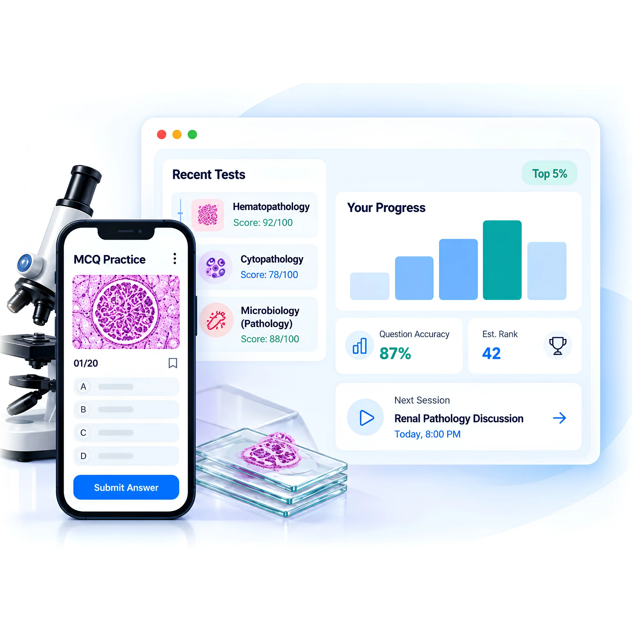 Surgtest NEET SS Pathology dashboard and MCQ practice on mobile